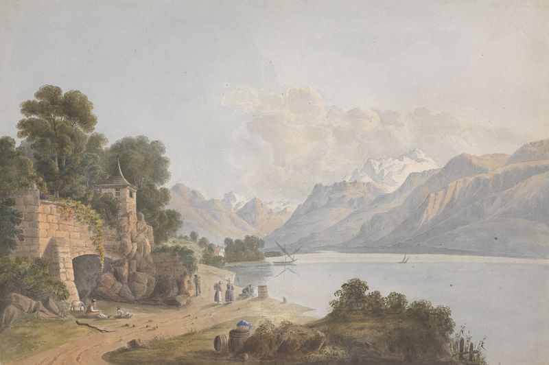 Paisagem montanhosa com lago, portão e figuras de Isaac Weld, pintura a óleo