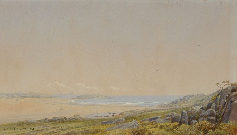 Whale’s Head Rock, óleo sobre tela de William Trost Richards, retratando uma costa acidentada com ondas.