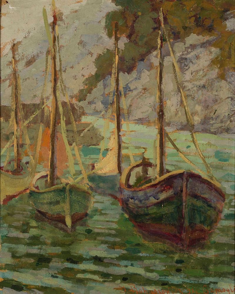 Escena marina al anochecer con barcos en el puerto, pintura al óleo de Jan Bohuszewicz