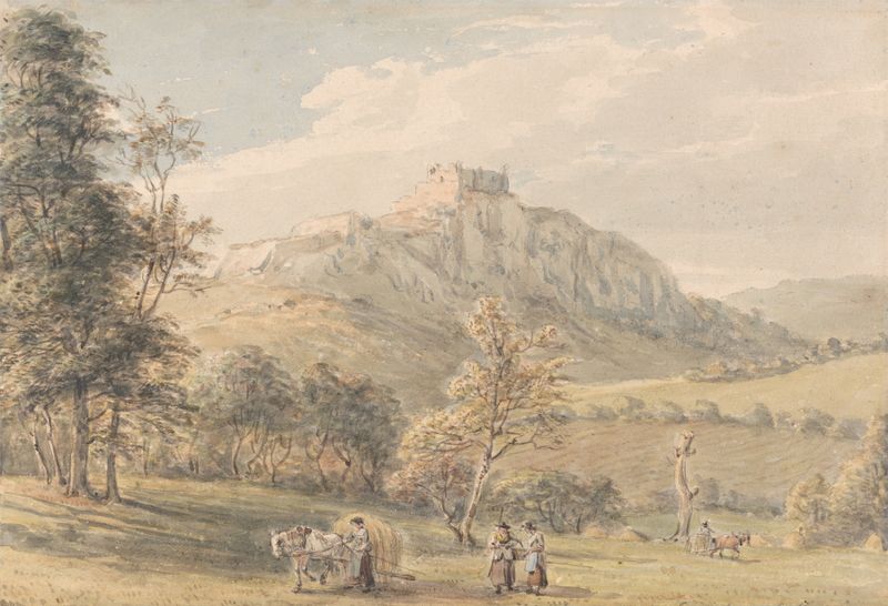 Carreg Cennen Castle by Paul Sandby, depicting ancient architecture in golden light