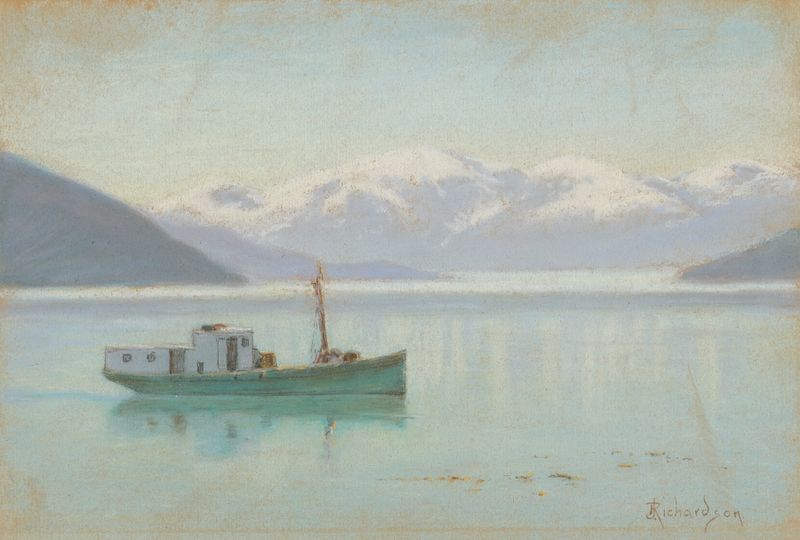 Jack Mantle’s Boat by Theodore J. Richardson, oil painting depicting a boat on the ocean.