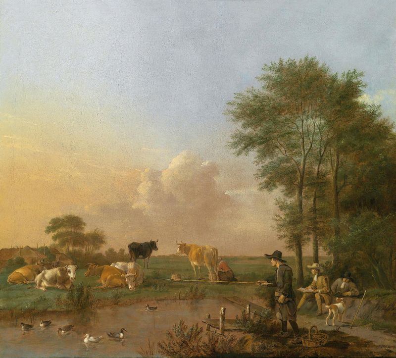 A Pond Landscape With A Draughtsman, A Fisherman And Grazing Cattle by Albert Jansz Klomp, oil painting
