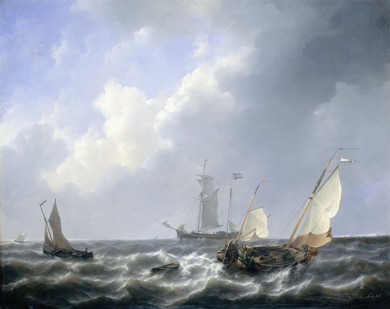 Oil painting by Petrus Johannes Schotel depicting a serene marine landscape with gentle waves