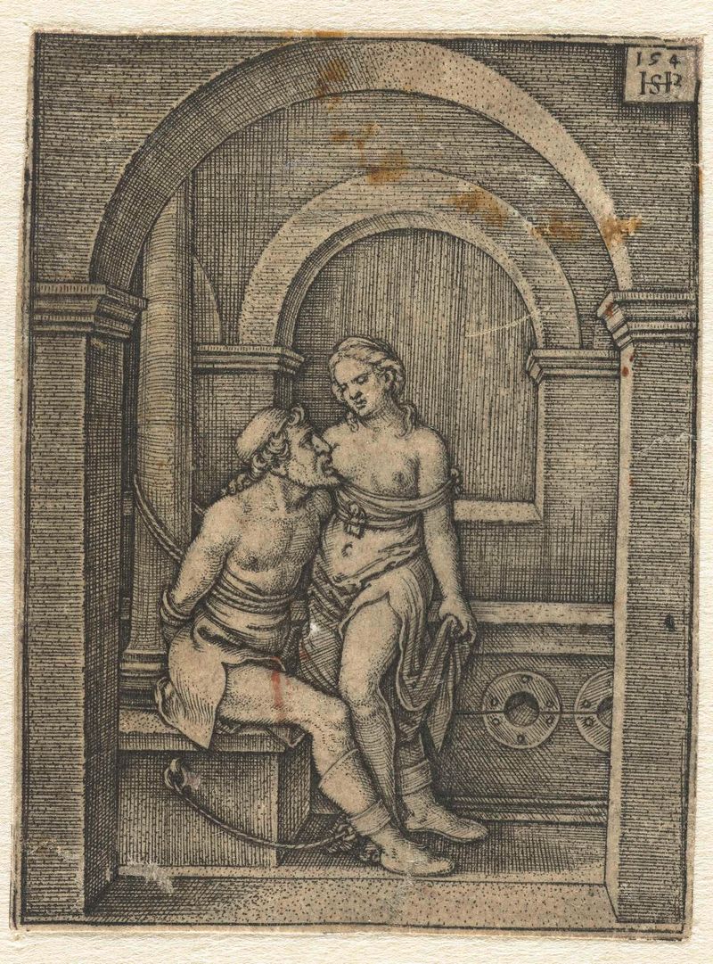 Grabado de Hans Sebald Beham que representa a Cimon encadenado con una expresión de tristeza.