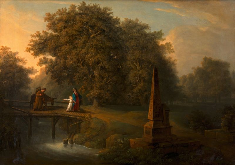 Flucht nach Ägypten by Vinzenz Fischer, oil painting depicting Mary and Joseph in a desolate landscape.