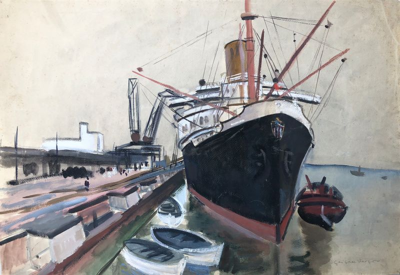 Passagierschiff ‘Europa’ de Otto Geigenberger, óleo sobre tela mostrando um navio entre nuvens e luz