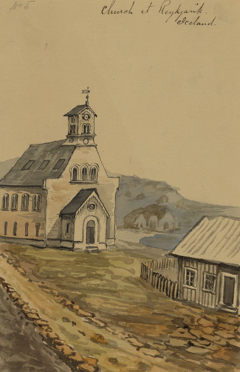 Church at Reykjavik, Iceland by Bayard Taylor, oil painting depicting a rustic church in a landscape.