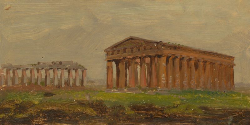 Paestum, Templo de Netuno de Frederic Edwin Church, óleo sobre tela mostrando colunas antigas e luz do sol.