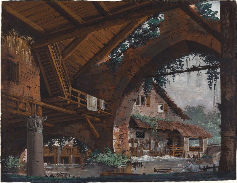Fantasía Arquitectónica de Ruinas Antiguas con un Molino de Agua, óleo sobre lienzo de Caspar Wolf