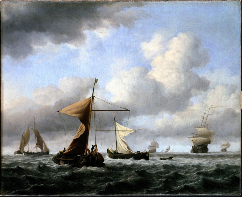 Escena marina con un mar tempestuoso y barcos, pintura al óleo de Willem van de Velde el Joven