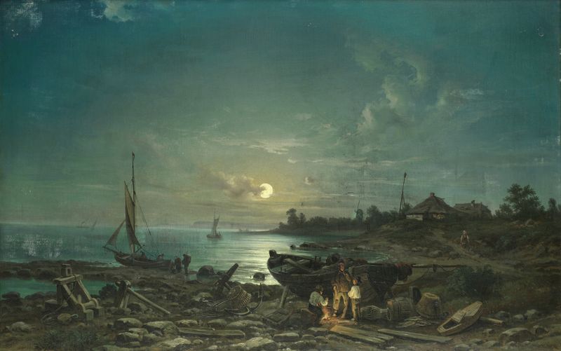 Moonlit coastal scene by Johann Anton Castell, oil on canvas depicting a serene sea at night.