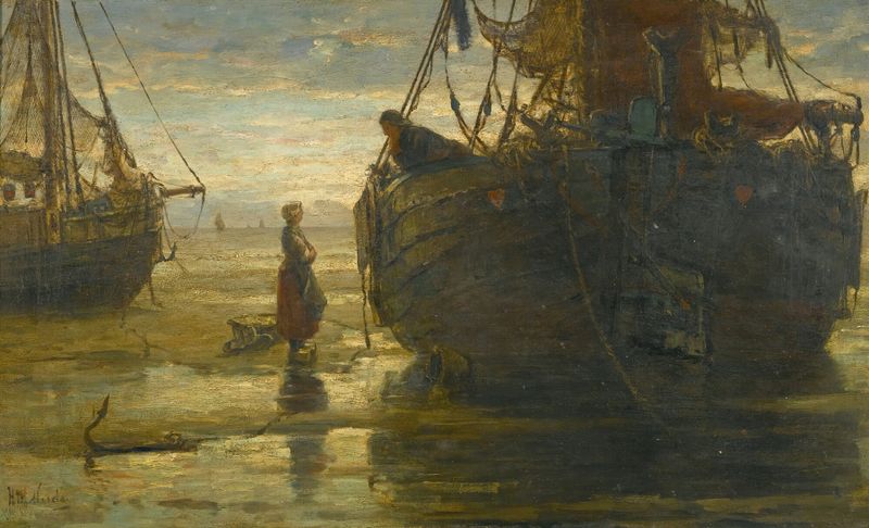 Cena marinha com luz solar e ondas de Hendrik Willem Mesdag, pintura a óleo