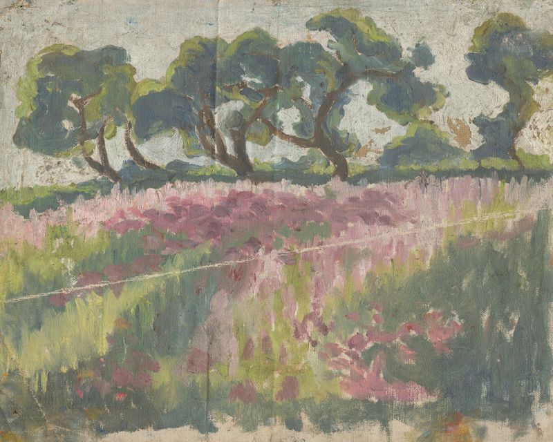 Blooming Meadow with Trees de Frida Konstantin, pintura a óleo que retrata um prado vibrante e árvores.
