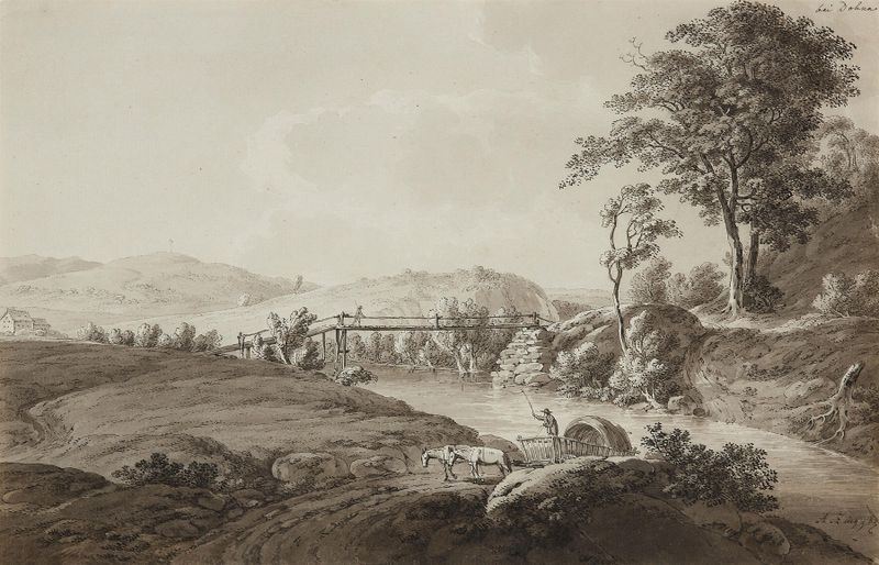 Landschaft bei Dohna, óleo sobre tela de Adrian Zingg, retratando uma paisagem florestal serena com um rio.