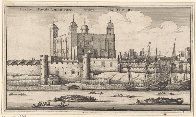 Gezicht op de Tower van Londen, grabado de Wenceslaus Hollar, que representa la Torre contra un cielo dramático.