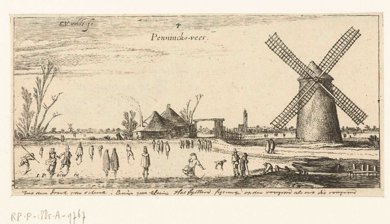 Schaatsers op het ijs bij een molen perto de Penningsveer, gravura de Esaias van de Velde