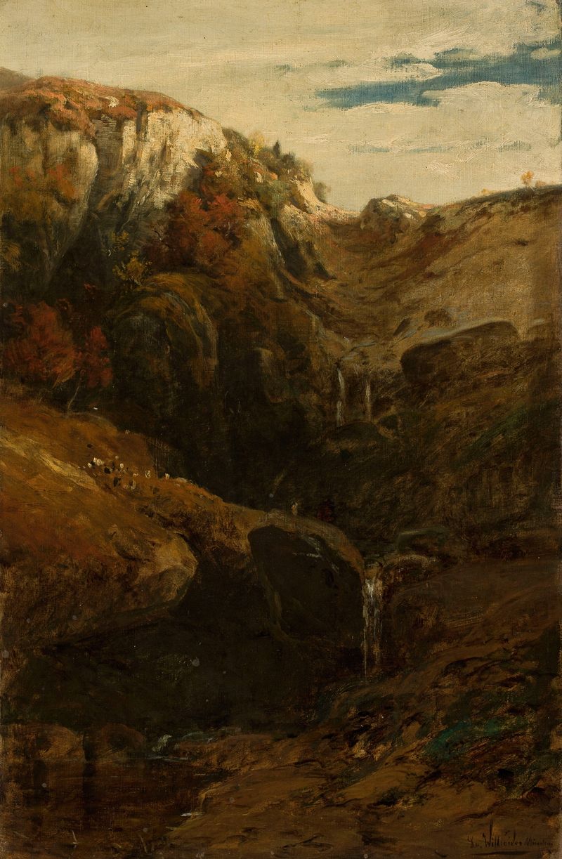 Waterfall by Ludwig Willroider, romanticism, depicting a waterfall cascading through a lush landscape.
