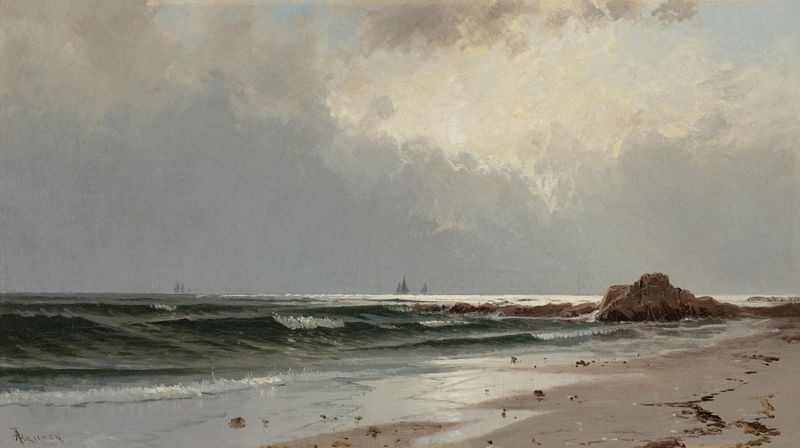 Seascape de Alfred Thompson Bricher, pintura a óleo que retrata ondas quebrando e um oceano tranquilo.
