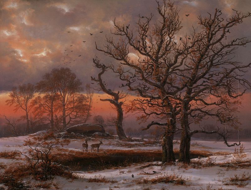 Danish Winter Landscape with Dolmen de Johan Christian Dahl, óleo de un paisaje invernal con un dolmen.