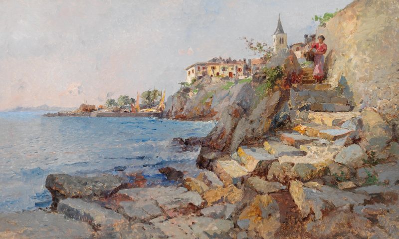 Coastal Scene At Lovrana by Leontine von Littrow, oil on canvas depicting a tranquil coastline with soft waves.