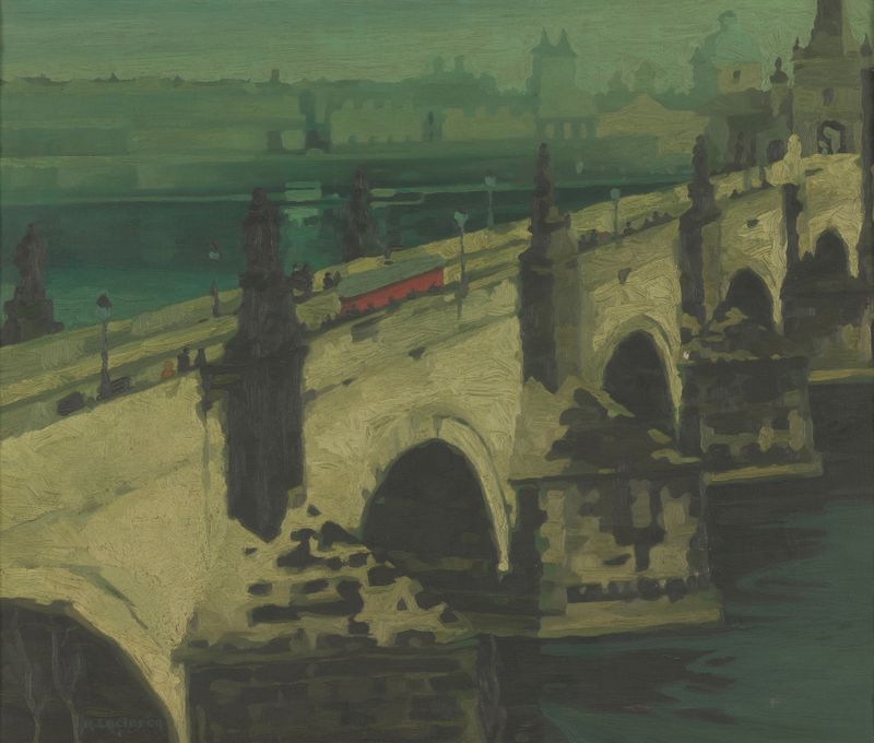 Ponte Carlos em Praga de René Leclercq, óleo sobre tela mostrando o crepúsculo sobre o rio.