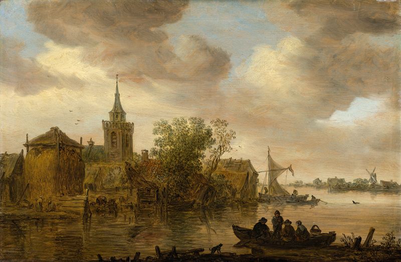 River View with Church and Farmhouse de Jan van Goyen, pintura a óleo que retrata uma paisagem tranquila.