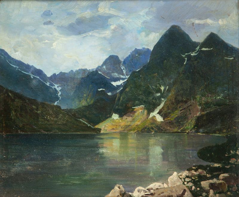 The Morskie Oko Lake by Antoni Gramatyka, oil painting depicting a serene lake and mountains.