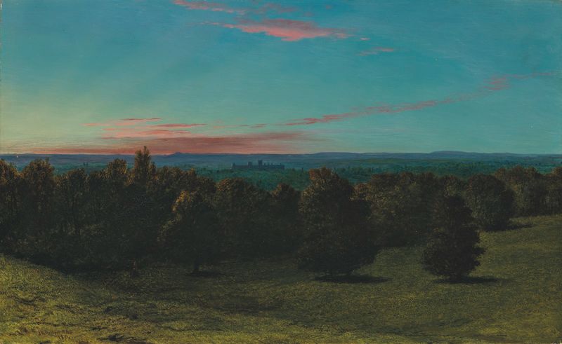 Um castelo em uma floresta ao pôr do sol, óleo sobre tela de John Rogers Herbert