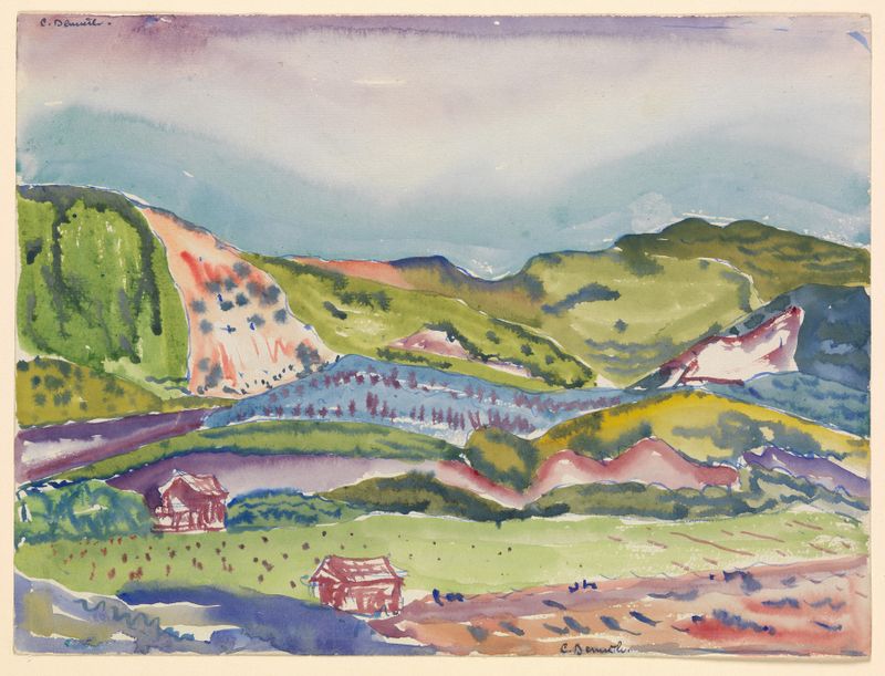 Mountain with Red House de Charles Demuth, pintura a óleo que retrata uma casa vermelha em uma paisagem montanhosa.