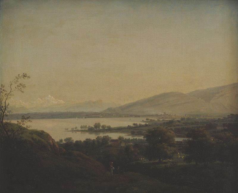 Landscape view of Lake Leman with Mont Blanc and Geneva, oil painting by Jens Juel