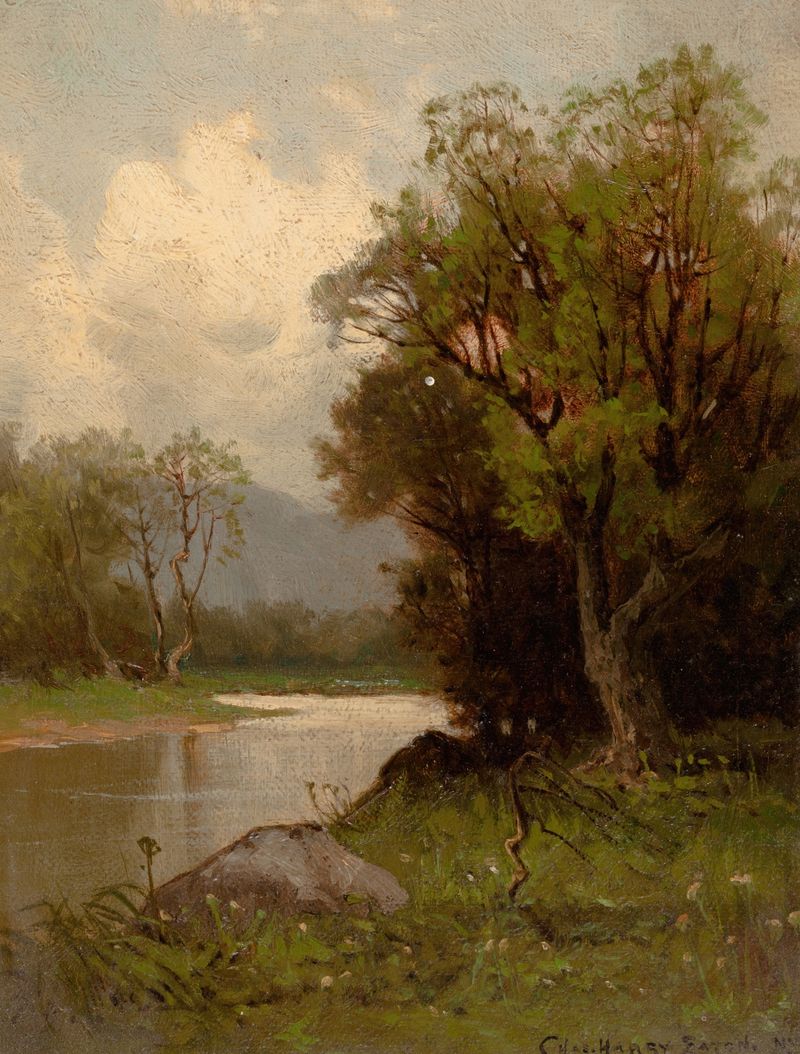 River’s Edge de Charles Henry Eaton, impressionismo, retratando uma paisagem de rio tranquila.
