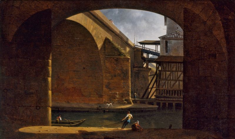 Le Pont et la Pompe Notre-Dame, óleo sobre tela de Auguste Jacques Régnier, retratando um rio e uma ponte ao pôr do sol.