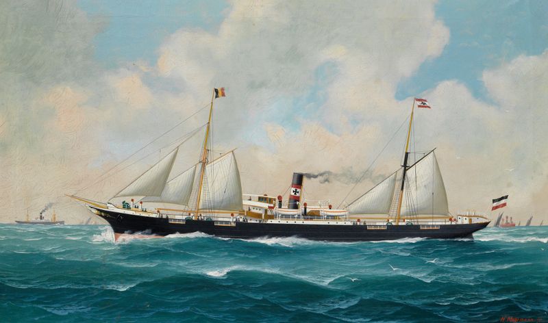 Oil on canvas by John-Henry Mohrmann depicting a ship with vibrant sails on the ocean