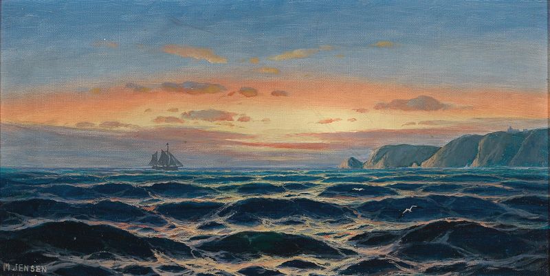 Marine scene with a ship at twilight by Max Jensen, oil painting
