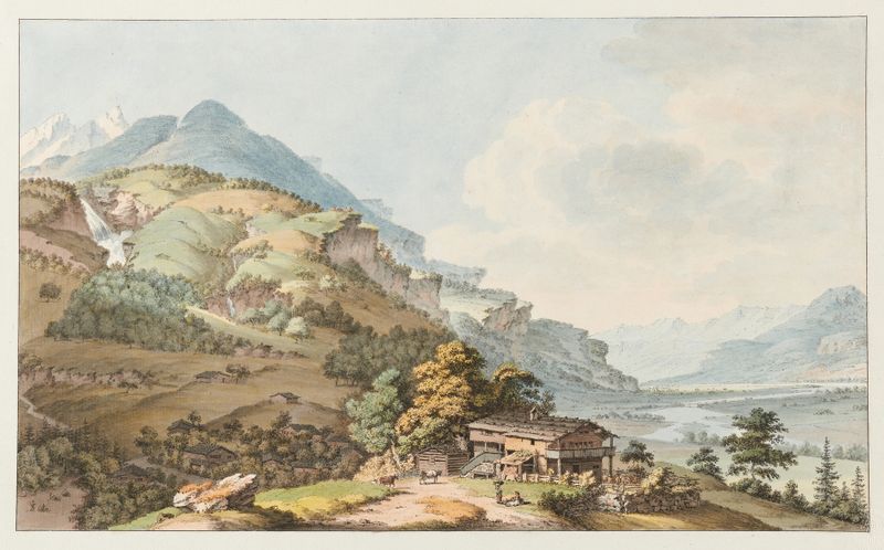 La Vallée Oberhasli de Johann Ludwig Aberli, acuarela sobre papel que representa un paisaje de valle sereno.