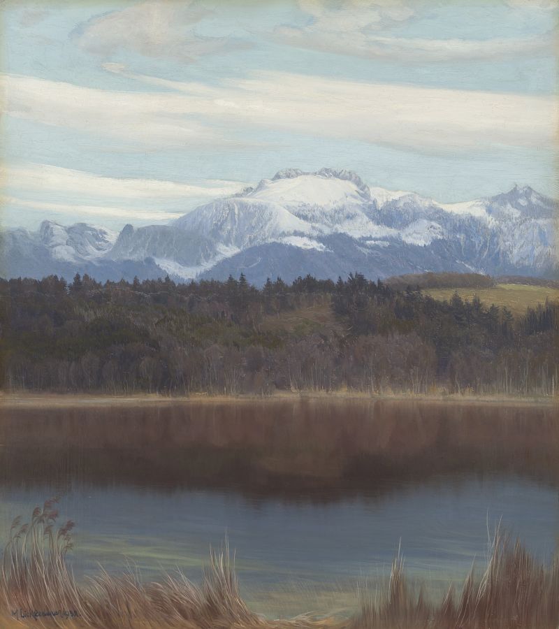 Kampenwand mit Simssee, oil on canvas by Michael Licklederer, depicting a mountain landscape at dusk.