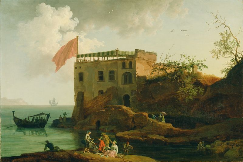 Landscape oil painting by Pierre-Jacques Volaire depicting cliffs, sea, and sky.
