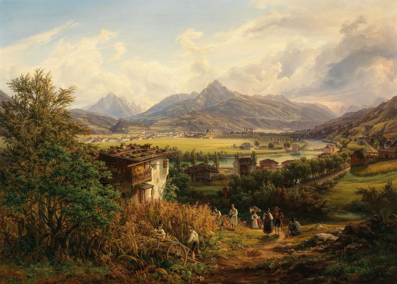 Landscape of Innsbruck with roofs and Tyrolean Alps, oil painting by Anton Schiffer