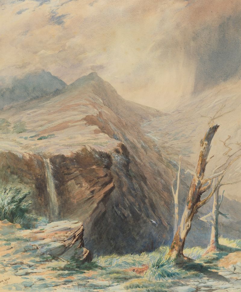 Landscape by John Gully, oil on canvas depicting rolling hills and a serene sky.