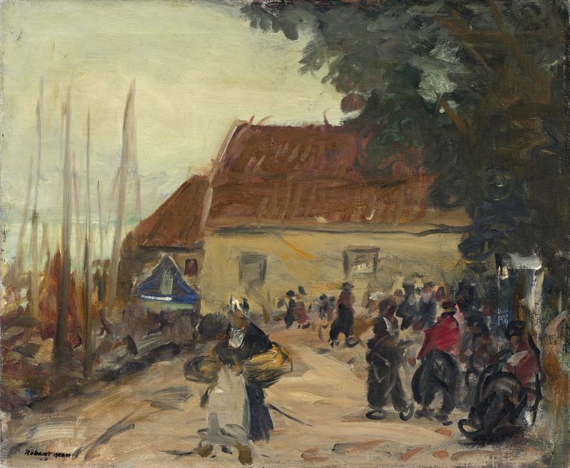 Volendam Street Scene by Robert Henri, featuring a figure on a cobblestone street, oil painting.