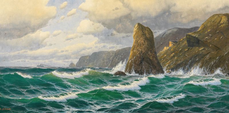 A seascape with a steamer on the horizon, oil painting by Max Jensen