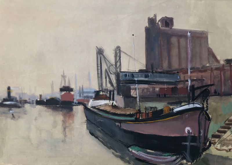 Escena marina con barcos en el puerto de Hamburgo de Otto Geigenberger, medio desconocido