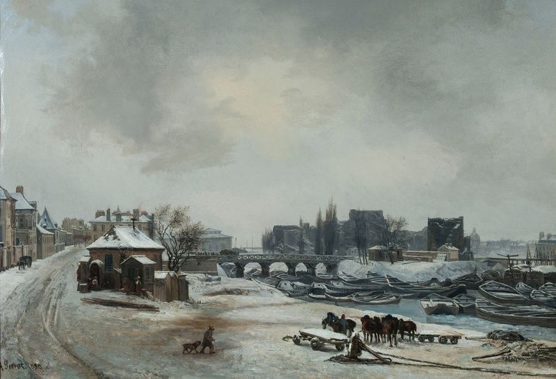 Vue de l’île Louviers ; effet de neige, óleo sobre lienzo de Antoine Perrot