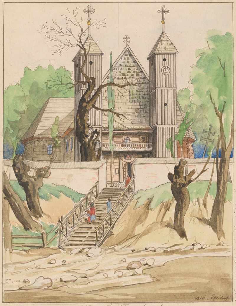 Exterior view of Church in Truskolasy by Adrian Głębocki, realism