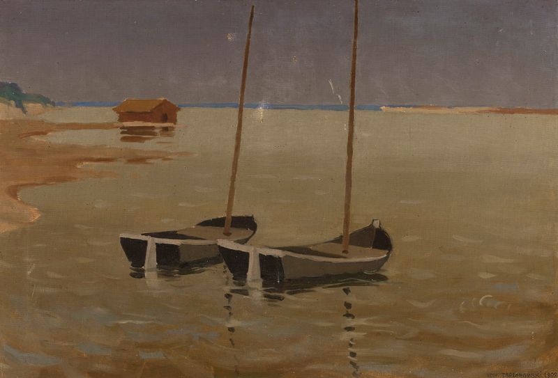 Fishing boats on calm waters, oil painting by Edward Trojanowski