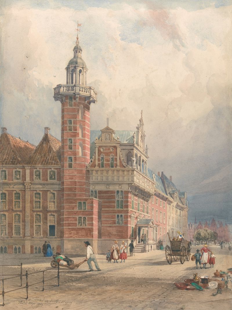 Hotel de Ville, Hague de Thomas Shotter Boys, pintura al óleo que muestra un edificio neoclásico y un cielo vibrante.