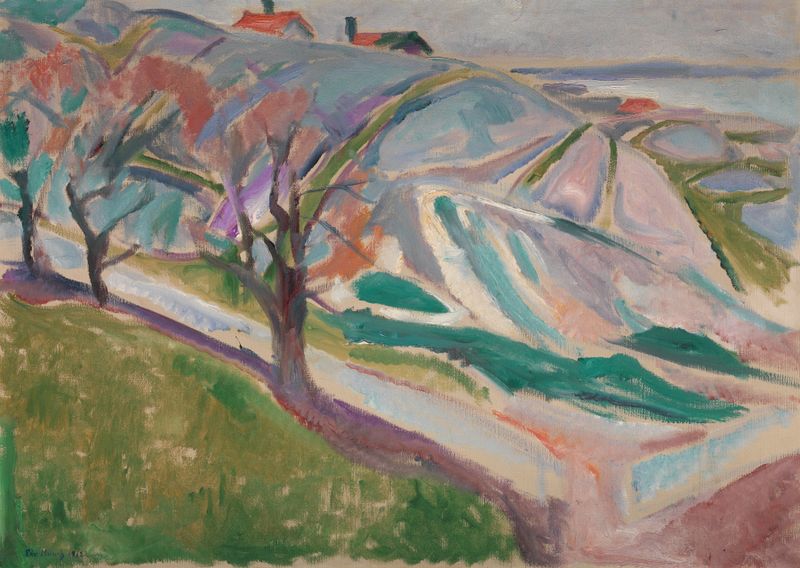 Landscape, Kragerø de Edvard Munch, óleo sobre tela que retrata colinas e natureza.