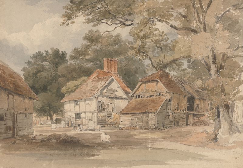 Watercolour by Henry Edridge depicting farm buildings among trees