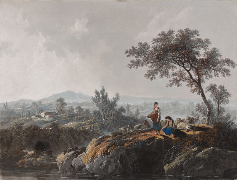 Rococo oil painting depicting shepherds in a serene landscape by Jean-Baptiste Pillement