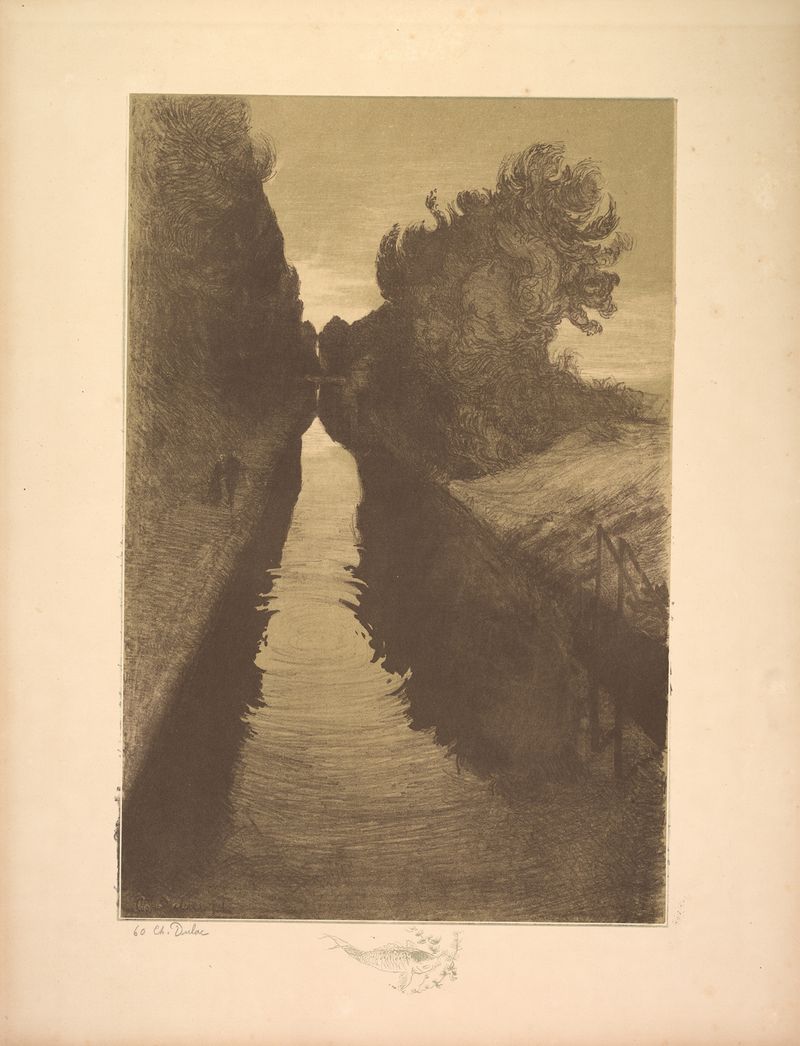 Landscape engraving by Charles Marie Dulac featuring aquatic life and serene nature.